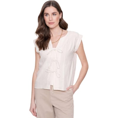 Geisha zand dames blouse   V-hals   Regular fit   Glitters patroon   Strikkoordsluiting   Kap mouw Zand M