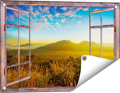Gards Tuinposter Doorkijk Bergen met Mist in Thailand - 60x40 cm - Tuindoek - Tuindecoratie - Wanddecoratie buiten - Tuinschilderij