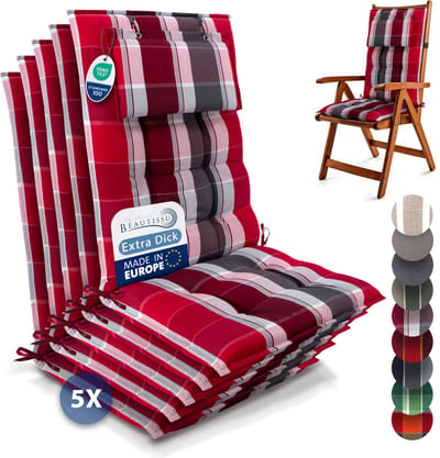 Beautissu Sun-HL - Set van 5 Premium Hoge Rugleuning Kussen met Hoofdkussen 120x50 cm – UV-bestendig & 8cm Dik Kussen Tuinstoelkussen Antislip Bevestigingsbanden – Stevige Stof Rood Antraciet Gestreept
