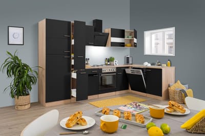 Hoekkeuken 310 cm - complete keuken met apparatuur Merle - Eiken/Zwart - soft close - elektrische kookplaat - vaatwasser - afzuigkap - oven - spoelbak