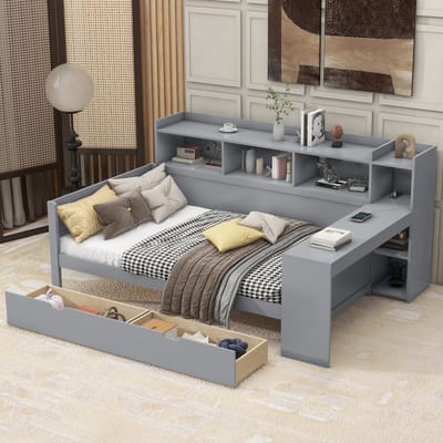 DESMIU Slaapbank 90 x 200 cm – Bed met Stopcontact en USB-aansluiting – Met Bureautafel en 2 Lades – Voor Tienerkamer en Thuiswerkplek – Grijs – Zonder Matras