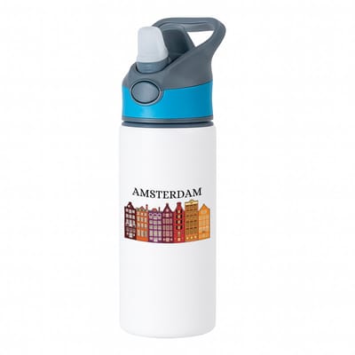 Hacebo® - Amsterdam waterfles met rietje blauw - Amsterdam - Amsterdammers - de echte Amsterdam liefhebbers - Rijtjeshuizen - water fles - 650ML
