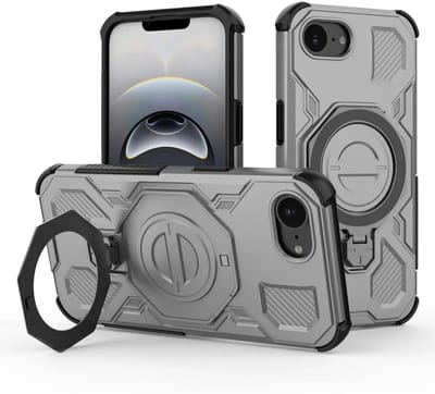 Hoesje geschikt voor Apple iPhone 17e / 16e | Compatibel met MagSafe / Qi2 | 360° Draaibare Magnetische Standaard | Back Cover Kickstand Ring | Grijs