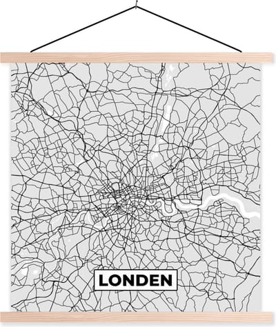 Posterhanger incl. Poster 40x40 cm - Schoolplaat - Londen - Stadskaart - Plattegrond - Zwart Wit - Kaart - Textielposter - Blanke latten - Stadskaart