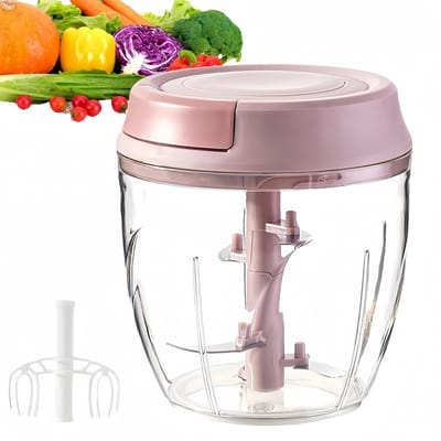 Knoflookhakker - handmatige voedselverwerker - groentesnijder - handmatige uiensnijder met trekkoord voor groenten, gember, fruit, noten, kruiden enz. – 1000 ml - roze