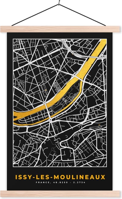 Posterhanger incl. Poster 40x60 cm - Schoolplaat - Plattegrond – Kaart – Stadskaart – Frankrijk – Issy-les-Moulineaux - Textielposter - Blanke latten - Stadskaart