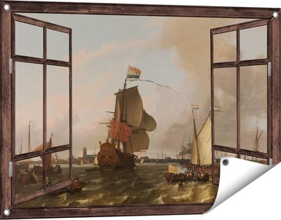 Gards Tuinposter Doorkijk Het Oorlogsschip Brielle op de Maas voor Rotterdam - Ludolf Bakhuysen - 90x60 cm - Tuindoek - Tuindecoratie - Wanddecoratie buiten - Tuinschilderij