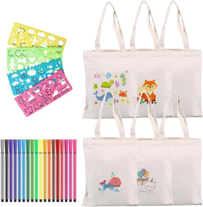 6-delige schilderset voor kinderen met stoffen tas, perfect voor knutselen, verjaardagsfeestjes en scholen. Ideaal voor creatief leren en schilderen.
