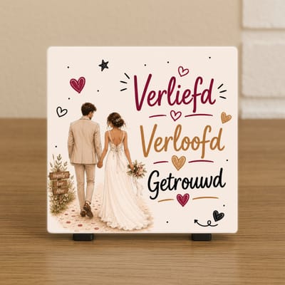 Wenstegeltje "Verliefd Verloofd Getrouwd" – Tegeltje met Tekst – Leuk Cadeau voor bruiloft - Trendy nu - Cadeau - Vrienden of Vriendinnen - Familie - Zomaar - Incl standaard - Cadeau idee