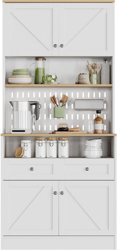 Sideboard - Stijlvol - Witte Eetkamerkast - 2 Lades en 4 Deuren - Elegant Buffet voor Keuken, Eetkamer & Woonkamer - Zilveren Handgrepen