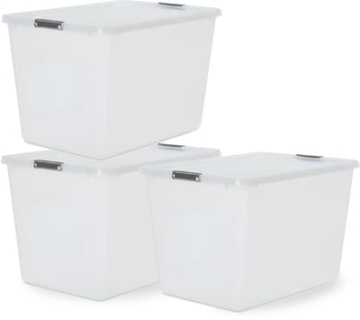 IRIS Storage Opbergbox met Clips - 60L - XXL Opslag - Stapelbaar -Kunststof - Transparant/Grijs - Set van 3