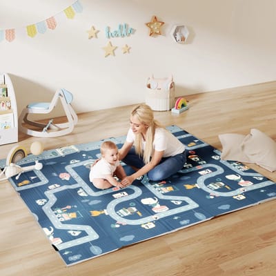 Roossentials speelkleed - Speelmat kinderen - Boxkleed - Zachte kruipmat met autowegen en dieren - Omkeerbaar en opvouwbaar - Veelkleurig