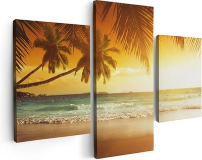 Artaza Canvas Schilderij Drieluik Tropisch Strand Tijdens Zonsondergang - 90x60 cm - Wanddecoratie Woonkamer - Schilderijen - Muurdecoratie