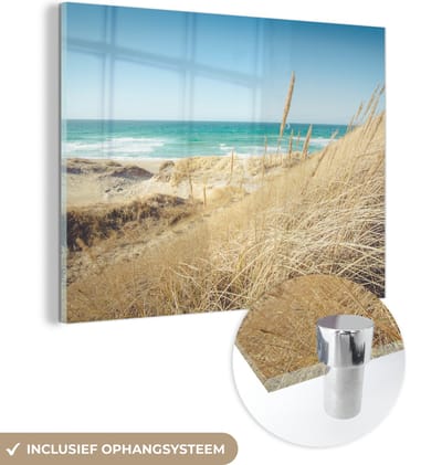 MuchoWow® Glasschilderij 160x120 cm - Schilderij acrylglas - Strand - Duin - Noorwegen - Foto op glas - Muurdecoratie woonkamer - Wanddecoratie slaapkamer - Schilderijen
