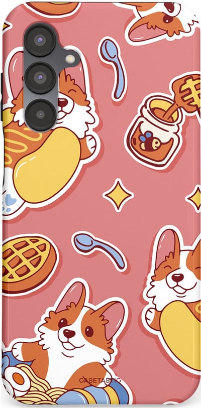 Casetastic Hoesje Geschikt voor Samsung A16 - Stijlvolle Beschermende Duo-layer Case - Corgi snacks