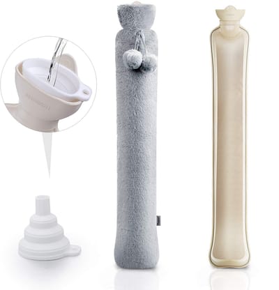 Warmwaterkruik - Kruiken - 2.5L Extra Lange 73 cm Warmwaterkruik, Super zachte Stof Beschermhoes en Vouwbare Trechter, Natuurlijk Kautschuk, Grijs, Geschikt voor Hals, Schouders en Leden