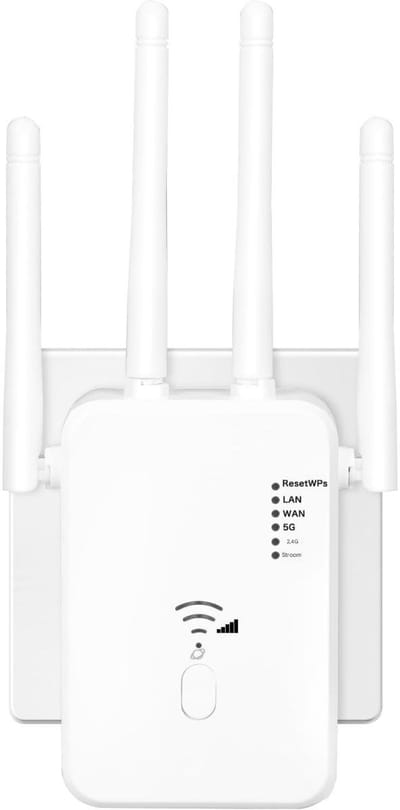 GELLDG WiFi-repeater - WiFi-versterker - 1200 Mbit/s - WiFi-bereikverlenger - Dual-band - Met 4 externe antennes - Met LAN/WAN-poorten - Geschikt voor badkamers, garages en kelders - Wit