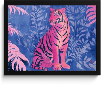 Poster in lijst - Fotolijst 40x30 cm - Posters - Tijger - Roze - Bladeren - Jungle - Posterlijst zwart - Decoratie - Wanddecoratie woonkamer - Muurdecoratie slaapkamer