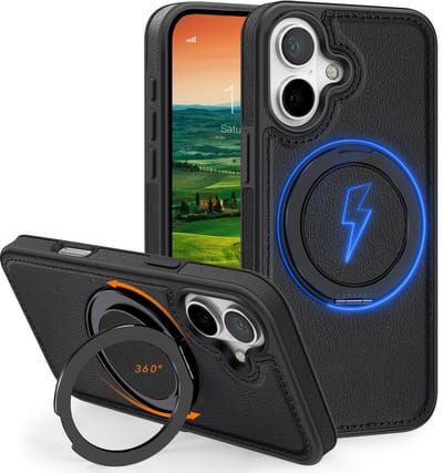 Perfeqt hoesje geschikt voor iPhone 16 Plus leren BackCover met 360° Kickstand & Keyring houder - Classic Black