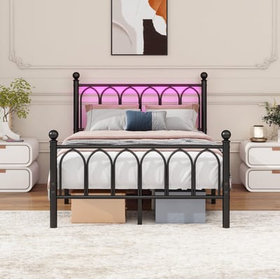 MEUNIQ metalen bedframe 120x200 cm met hoog hoofd- en voetbord, LED verlichting, USB en stopcontact, lattenbodem, opbergruimte onder bed, zwart