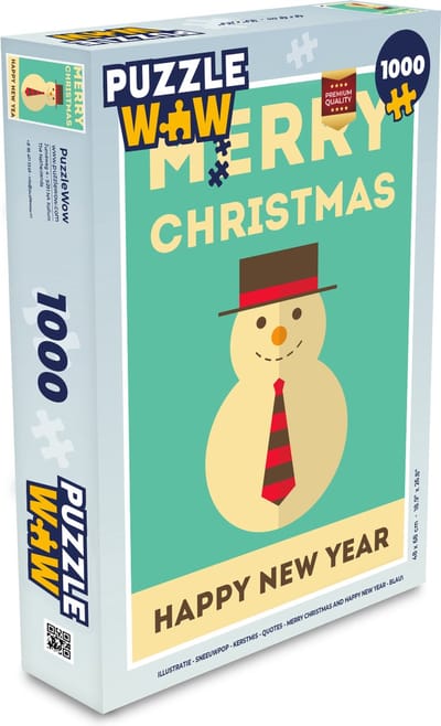 Puzzel Illustratie - Sneeuwpop - Kerstmis - Quotes - Merry Christmas and Happy New Year - Blauw - Legpuzzel - Puzzel 1000 stukjes volwassenen - Kerst - Cadeau - Kerstcadeau voor mannen, vrouwen en kinderen