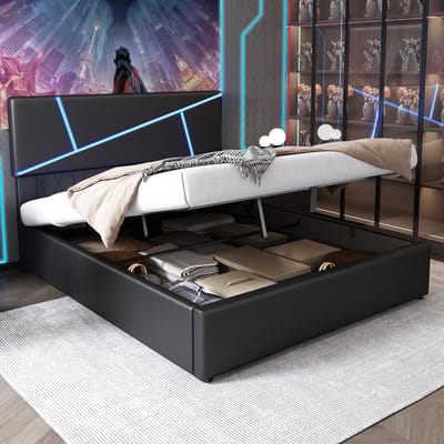 REDOM opbergbed 140x200 cm – PU zwart – LED-hoofdbord met app-bediening (kleur, helderheid, muziekmodus) – Hydraulisch – 26 latten + extra steunpoten – 300 kg