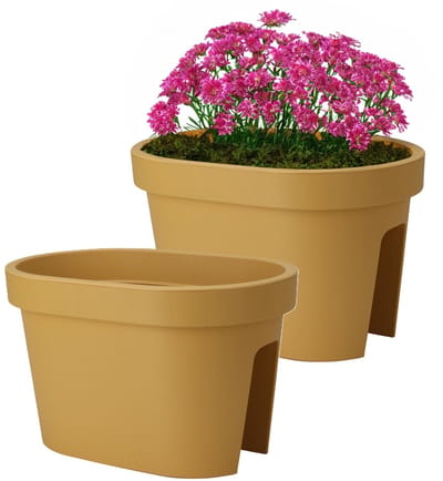 Pro Garden Balkon plantenpot/bloempot - 2x - okergeel - 40 x 25 cm - ovaal - kunststof - Reling/schutting/hangende bloempotten