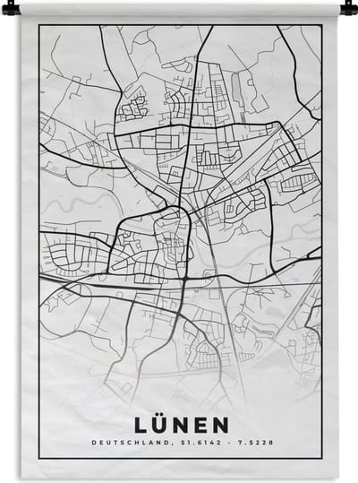 Wandkleed - Wanddoek - Lünen - Plattegrond - Kaart - Stadskaart - 120x180 cm - Wandtapijt