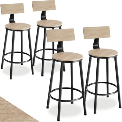 tectake® Barkruk - Ronde Bistrokruk - Set van 4 - Barkrukken - Vintage Barstoel met Voetsteun en Rugleuning - Zitting van MDF-hout - Industrieel design - Draagkracht kruk 120 kg - Afmeting 46,5 x 104 cm - Barstoelen - Eetkamerstoelen - Lichtbruin
