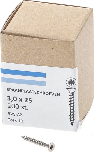 Hoenderdaal Spaanplaatschroef RVS platverzonken kop TX10 voldraad 3.0X25 (per 200 stuks)