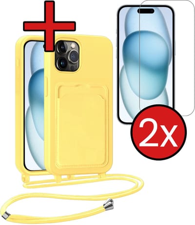 Hoesje Geschikt voor iPhone 14 Pro Hoesje Met Telefoonkoord en Pasjeshouder Met 2x Screenprotector Siliconen - Hoes Geschikt voor iPhone 14 Pro Hoesje Met Kaarthouder Case - Geel