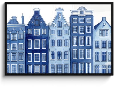 Poster in lijst - Fotolijst 120x80 cm - Posters - Aquarel - Grachtenpanden - Delfts - Blauw - Posterlijst zwart - Decoratie - Wanddecoratie woonkamer - Muurdecoratie slaapkamer