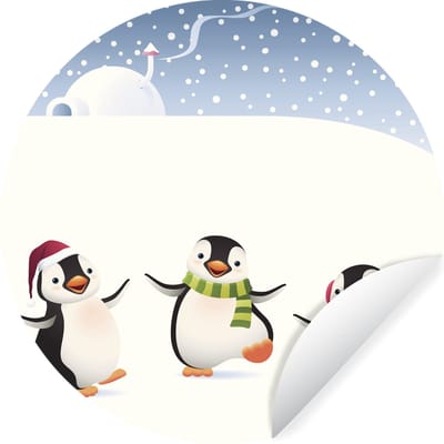 WallCircle® - Behangcirkel 140x140 cm - Muurstickers Illustratie met drie pinguïns die dansen in de sneeuw - Muurcirkel woonkamer - Wandcirkel slaapkamer - Kamer decoratie zelfklevend - Muurdecoratie accessoires