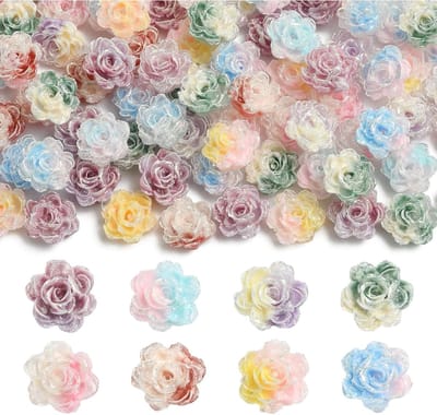 100 Stuks Tweekleurige Rozen Bloem Cabochons - Gemengde Kleuren Flatback Plastic Ornamenten voor DIY Kunst, Nagelaccessoires en Sieraden Versiering