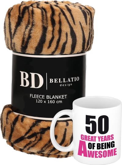 Cadeau verjaardag 50 jaar/ Sarah vrouw - Fleece plaid/deken tijger print met 50 great years awesome mok