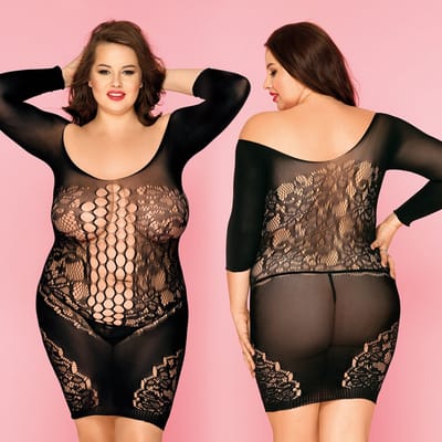 LekkerStout Plus Size Bodycon Jurk - Zwart - Sexy Lingerie - Visnet met Kantlook - One Size XL-2XL | LS022