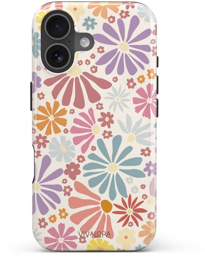 VivaLora Tough Telefoonhoesje iPhone 17 Met Magsafe - Bloemenprint - Bloom Bliss Print - 2-in-1 Phone Case - Hard Case & Siliconen Backcover - Extra Bescherming - Shockproof Cover - Pastelkleuren - Blauw, Roze, Oranje, Geel