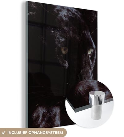 MuchoWow® Glasschilderij 120x160 cm - Schilderij acrylglas - Panter - Dier - Zwart - Foto op glas - Schilderijen