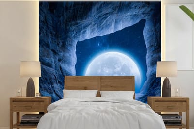 Behang - Fotobehang Grot - Maan - Ruimte - Heelal - Blauw - Breedte 350 cm x hoogte 350 cm
