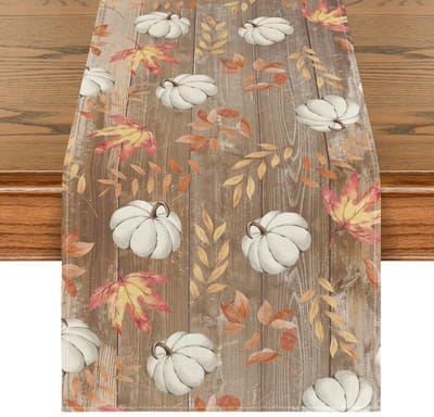 Tafelloper - Herfstprint met bruine pompoenen en planten op houten planken - 40x180 cm