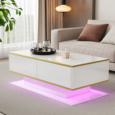 Modern salontafel met hoogglans - 100x50x40 cm - gouden accenten - 3 lades en USB LED-verlichting - wit