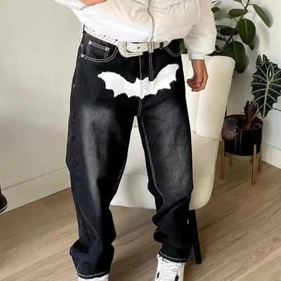 Bedrukte Jeans Heren High Street Mode Losse Rechte Wijde Pijpen XL zwart