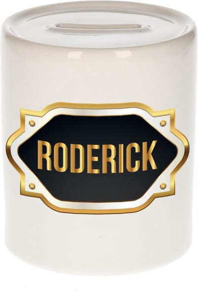 Spaarpot met voornaam Roderick - wit - met goud/zwart embleem - 8 x 9 cm - keramiek - met afsluitdop - cadeau verjaardag