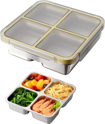 Roestvrijstalen Lunchtray Met 4 Vakken - Lekvrij Deksel - Herbruikbaar - Geel