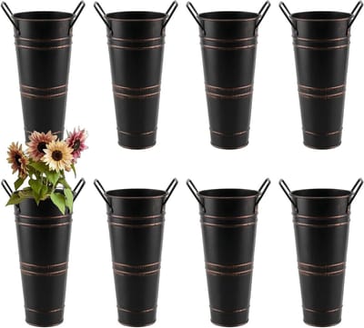 Set van 8 Gegalvaniseerde Metalen Bloemenvazen, 23 cm Hoog, Zwarte Boerderij Franse Emmer met Handvatten, Rustieke Vazen voor Bruiloft Tafelcentra en Decoratie