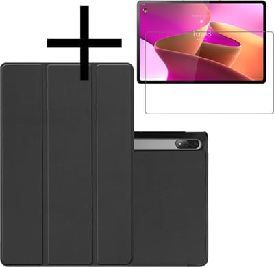 Hoes - Geschikt voor Lenovo Tab P12 Pro - Met Screenprotector - Trifold Bookcase - Hard Cover - Hardcover Book Case - Tablet Hoesje - Zwart