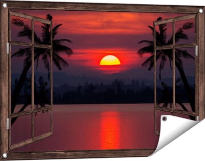 Gards Tuinposter Doorkijk Zonsondergang op het Strand met Palmbomen - 90x60 cm - Tuindoek - Tuindecoratie - Wanddecoratie buiten - Tuinschilderij