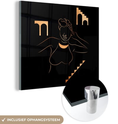 MuchoWow® Glasschilderij 90x90 cm - Schilderij acrylglas - Vrouw - Goud - Line art - Foto op glas - Schilderijen