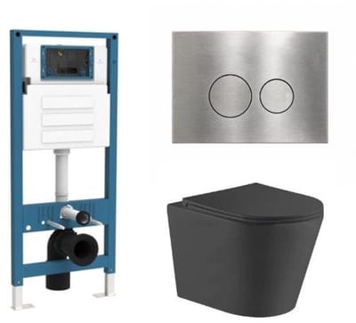 QeramiQ Dely Toiletset - inbouwreservoir Qeramiq Flush - slim zitting - metaal RVS bedieningsplaat - ronde knoppen - mat zwart