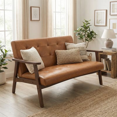HomeMiYN Bank – Tweepersoons – Japanse Stijl – Caramel PU – Comfortabele Lounge Stoel voor Woonkamer, Slaapkamer of Entree – Ergonomisch & Stevig – Eenvoudige Montage
